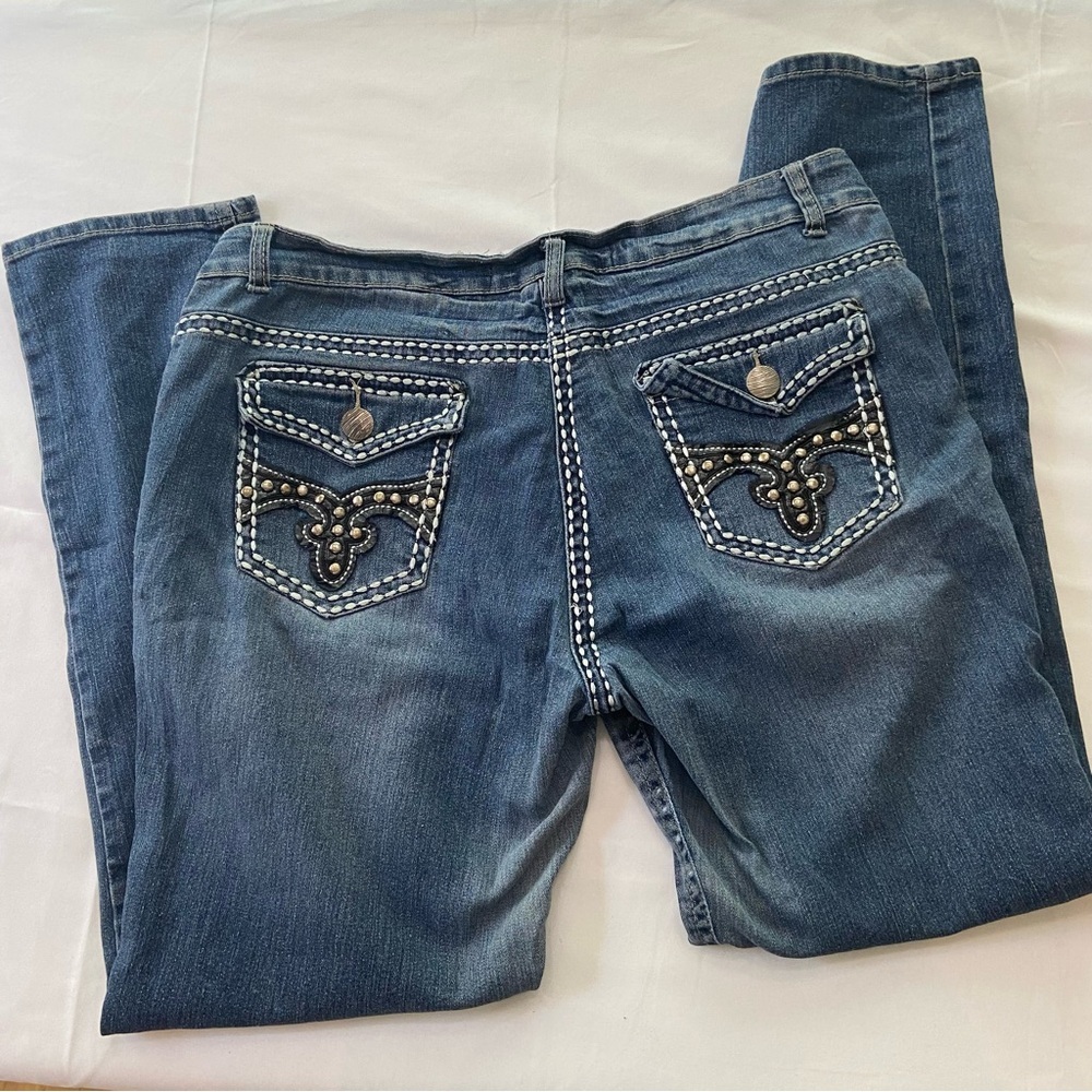 Elite Women's Bootcut Jeans Size 15/16 Medium Wash Flap Pocket Thick Stitch Y2K - Picture 3 of 8